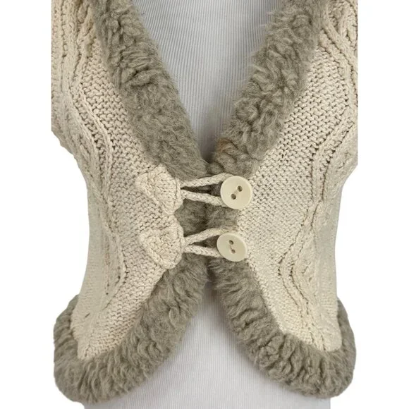 Vtg Y2K Old Navy Cream Cable Knit Faux Shearling Trim Hooded Boho Sweater Vest L - Picture 6 of 16
